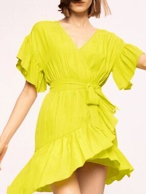 Nissa Bright Yellow Asymmetrical Dress with Ruffle Sleeves